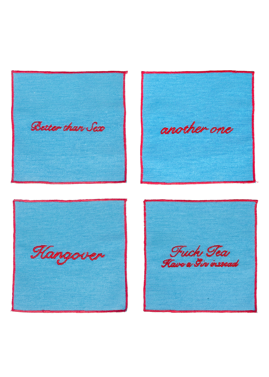 Set of 4 Cocktail Napkins - Light Blue and Red