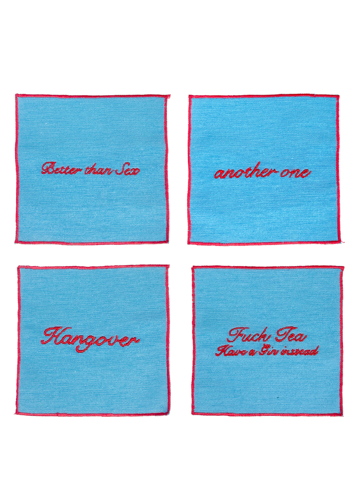 Set of 4 Cocktail Napkins - Light Blue and Red