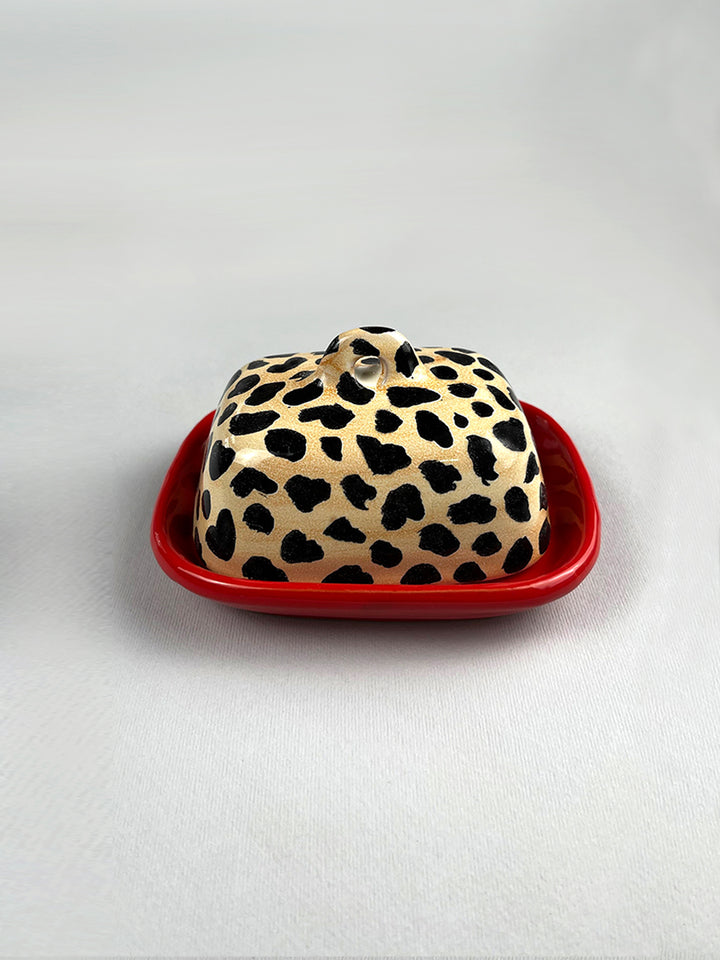 ANIMALIER - Butter dish - Ferrari red plate with leopard lid Butter animalier pattern