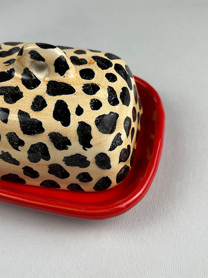 ANIMALIER - Butter dish - Ferrari red plate with leopard lid Butter animalier pattern