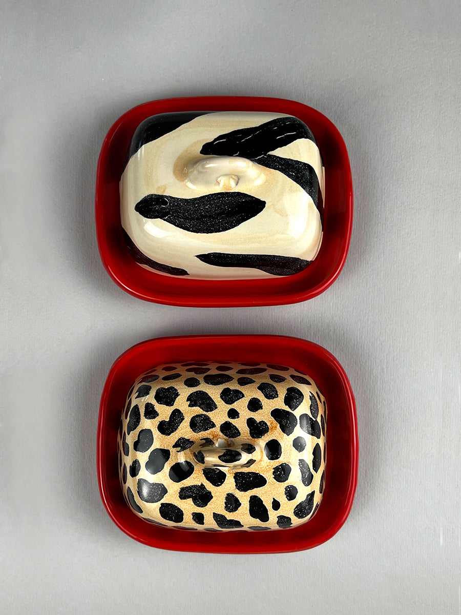 ANIMALIER - Butter dish - Ferrari red plate with leopard lid Butter animalier pattern