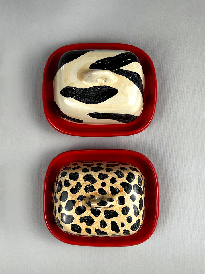 ANIMALIER - Butter dish - Ferrari red plate with leopard lid Butter animalier pattern