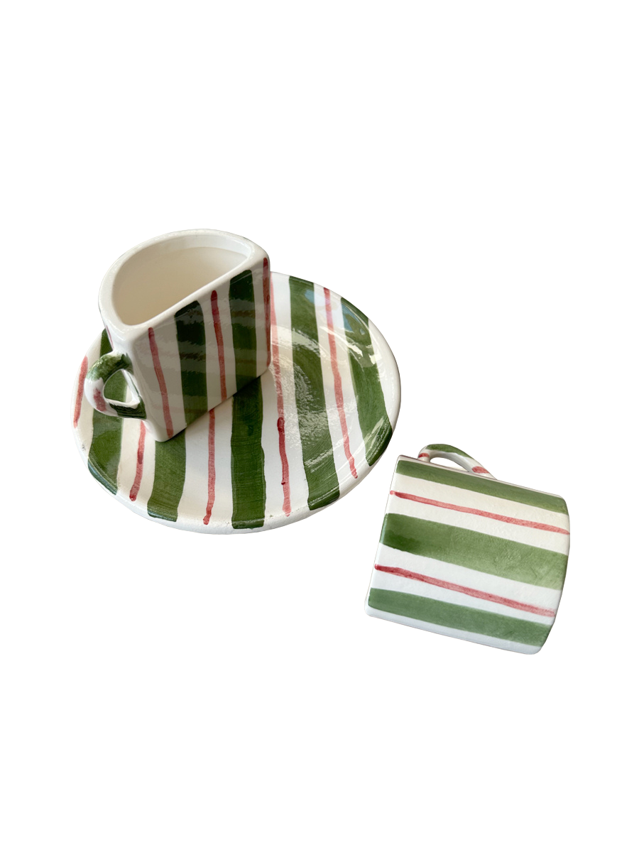 Tête a Tête Cup Set - Green and Bordeaux Striped